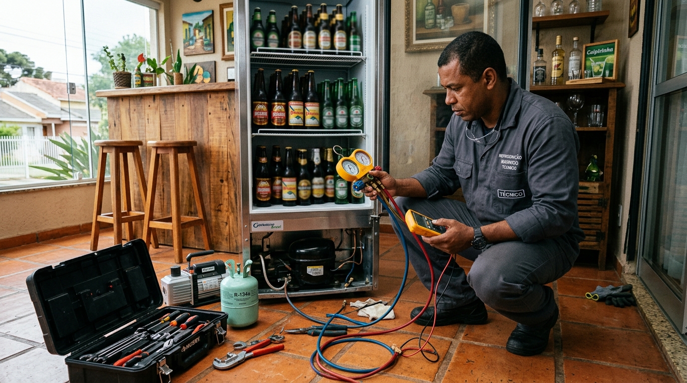 Técnico realizando manutenção de motor de cervejeira em Maringá‑PR