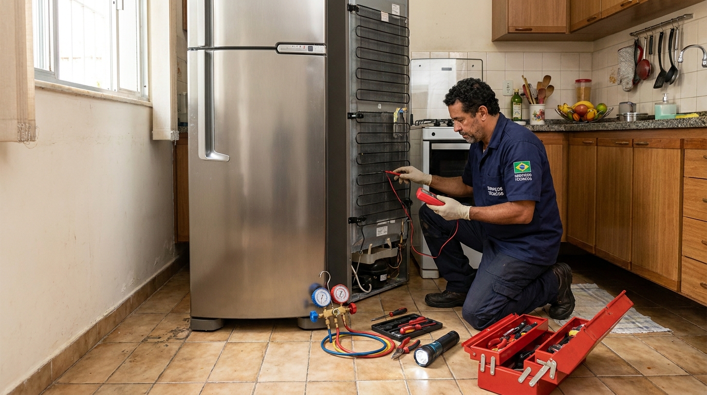 Técnico realizando manutenção de motor de geladeira em Maringá‑PR